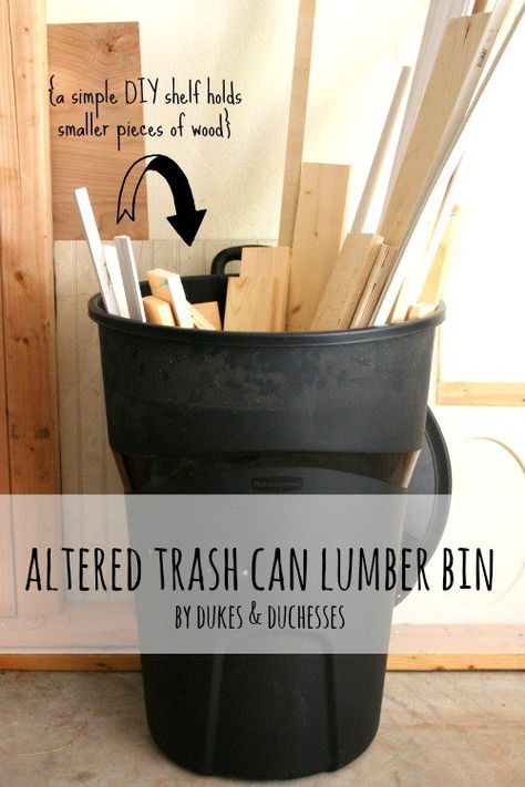 a trash can altered into a lumber bin with one simple DIY step  #FallFixUp Scrap Wood Storage Ideas, Woodwork Shop, Dream Workshop, Organized House, Garage Organizing, Pallet Shed, Lumber Storage, Diy Step, Cheap Sheds