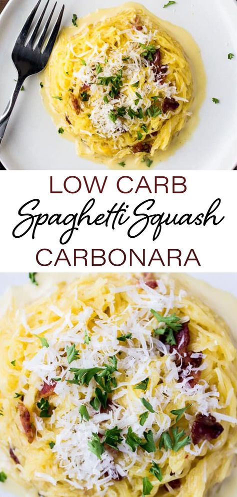 Spaghetti Squash White Sauce, Keto Spaghetti Squash Recipes Low Carb, Spagetti Squash Carbonara Recipes, Keto Dinner Recipes Spaghetti Squash, Spaghetti Squash Recipes Carbonara, Keto Carbonara Recipe, Low Carb Italian Side Dishes, Carbonara Spaghetti Squash, Spaghetti Squash Low Calorie