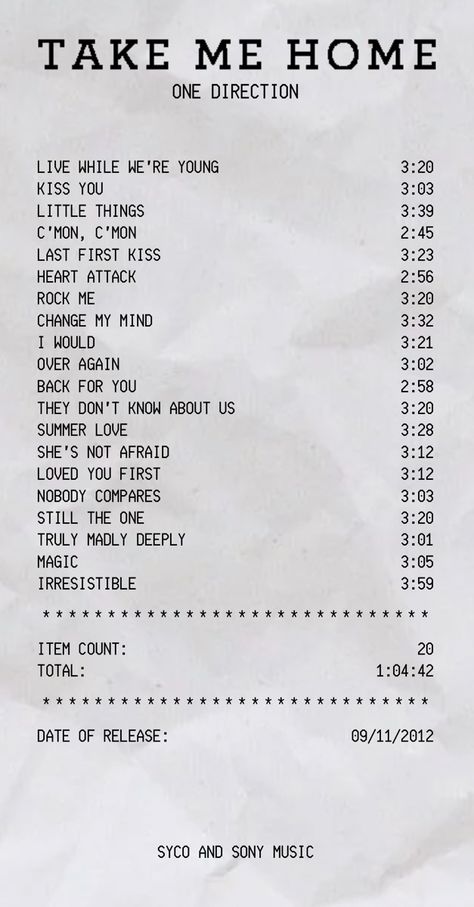 Take Me Home’s album receipt One Direction Receipt, Music Receipt Aesthetic, Take Me Home Aesthetic, Music Album Receipts, Receipt Template Aesthetic, Music Receipt, 1d Posters, Journaling Prints, One Direction Take Me Home