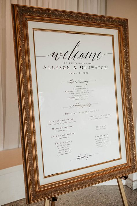 Gold Frame Welcome Sign, Gold Framed Wedding Signs, Framed Welcome Sign Wedding, Wedding Signage Vintage, Gold Frame Wedding Sign, Frame Wedding Sign, Vintage Welcome Sign, Wedding Order Of Events, Wedding Program Sign