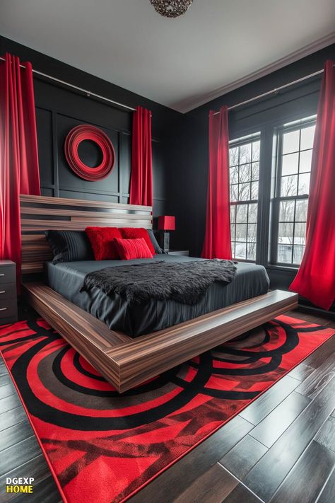 Unique Bed Frame, Red Black Bedrooms, Black Modern Bedroom, Unique Bed Frames, Black Bedroom Ideas, Red Living Room Decor, Red Bedroom Decor, Bold Bedroom, Black Bedroom Decor