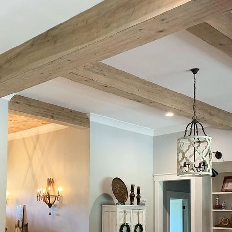 Jennifer Van Norman on Instagram: "Our beams are some of my favorite design elements in our home. We did not originally plan for the beams but as we got into the building process, I knew I wanted something to separate the kitchen and living space as well something to draw your eye up with the 12 ft ceilings. Our trim carpenter did an incredible job creating these faux beams and then the millworks team where we got our hardwood came in and did a steel wool and vinegar wash on the new cypress to give the beams an old antique look. 😍😍😍 If you are in the middle of a build and feel you are too late to add a design element - don’t give up! With a little creativity, you can figure out how to add just about anything! . . . #modernfarmhouse #51773hz #cypressbeams #livingroominspo #farmhousestyle Pecky Cypress Beams, 12 Ft Ceilings, Cedar Beams, Steel Wool And Vinegar, Something To Draw, Pecky Cypress, Faux Beams, Building Process, Steel Wool