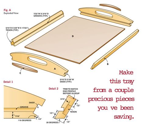 Serving Tray Make one or many: simple shop-made jigs guarantee success. By Tim Johnson Snacks, hors d’oeuvres or breakfast in bed: this tray delivers the goods in style. It weighs almost nothing, but it’s built to last, and it requires so little wood that you probably won’t even have to go to the lumberyard.  The jigs we’ve designed allow you to make these elegant trays in multiples. It’s a good … Bed Trays, Serving Trays Design, Wood Box Design, Diy Serving Tray, Wood Laser Ideas, Elegant Tray, Wooden Containers, Wooden Serving Boards, Best Bed