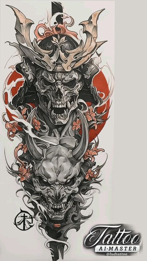 Biomech Tattoo, Japanese Hand Tattoos, Samurai Tattoo Sleeve, Oni Tattoo, Viking Tattoo Sleeve, Tattoo Japanese Style, Samurai Tattoo Design, Skull Sleeve Tattoos, Skull Sleeve