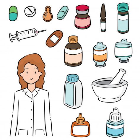 Set of pharmacist and medicine Premium V... | Premium Vector #Freepik #vector #people #hand #woman #line Pharmacy Art, Journal 2024, Pharmacy Store, Pharmacy Design, Vector People, School Printables, Diy Watercolor Painting, Bullet Journal Art, Diy Watercolor