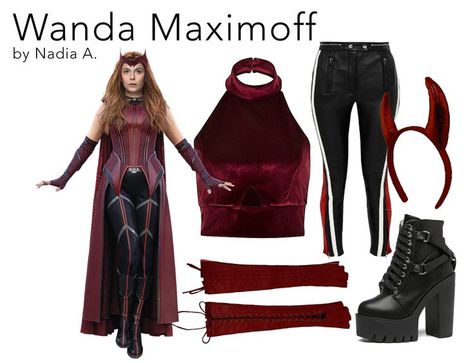 Scarlet Witch, WandaVision, Marvel, Disney, Disneybound, Outfit, Fashion, MCU, Avengers, Red, Black, Villain/Hero, Halter Top, Fingerless Gloves, Devil Horns Headband Wanda Disneybound, Scarlet Witch Disneybound, Wanda Inspired Outfit, Marvel Fashion, Disney Fits, Disney 2023, Marvel Costumes, Disney Bounds, Marvel Clothes