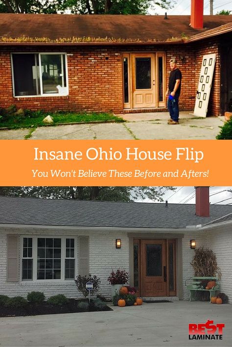 These Before and Afters are so amazing! Check out the full tour: http://www.bestlaminate.com/blog/insane-before-and-after-house-flip-in-ohio/ #HouseFlip #Flip #Home #HomeTour #Remodel Renovation Facade, Painted Brick Exteriors, Painted Brick House, House Makeovers, House Before And After, Ranch Remodel, Brick Ranch, Home Exterior Makeover, Exterior Renovation