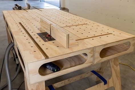 Many of you are familiar with the homebuilder Ron Paulk and his online plans for a workbench and miter saw stand. I think he showed up here or at the deep end a few times. The benches are designed like torsion boxes, with a plywood skin top and bottom, attached to a light plywood frame. He added a number of cool features to the benches and they are made to be light and transportable for use on a jobsite. In this thread I will show the construction a modified Paulk workbench and a miter stand ... Ron Paulk, Paulk Workbench, Kids Woodworking Projects, Workbench Designs, Workbench Plans Diy, Cabinet Plans, Diy Workbench, Workbench Plans, Into The Wood