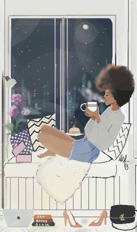 Curly Art, Afro Drawing, Girl In Snow, Nicholle Kobi, Books And Tea, Snow Illustration, Natural Hair Art, Blue Sheets, Afrocentric Art