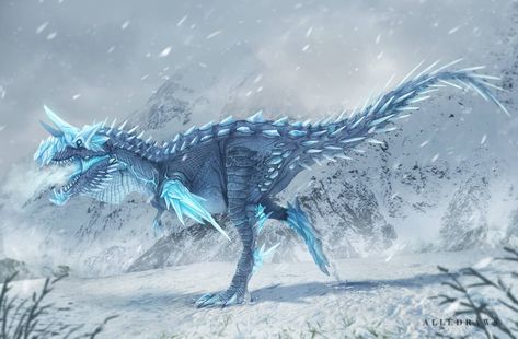 CRYOORGOSAUR by alledraws on DeviantArt Ice Creatures Fantasy Art, Snow Creature Concept Art, Snow Mythical Creature, Snow Monster Fantasy Art, Mythical Snow Creatures, Primal Carnage, Kaiju Monsters, Cool Swords, Dinosaur Art