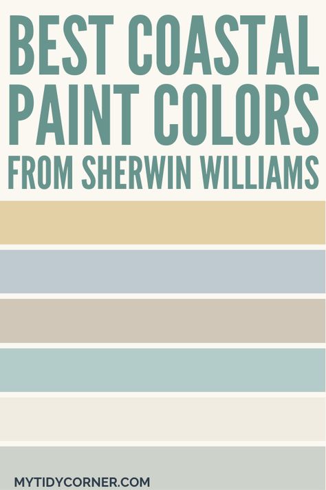 Collage of Sherwin Williams coastal paint colors. Florida Lanai Paint Colors, Coastal Home Exterior Paint Colors, Coastal Cabinet Colors, Coastal Paint Colors Sherwin Williams, Sherwin Williams Coastal Paint Colors, Best Coastal Paint Colors, Coastal Exterior House Colors, Sherwin Williams Coastal, Beach Paint Colors