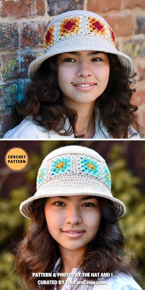 Crochet Hats Granny Square, Granny Square Bucket Hat Crochet Pattern, Free Crochet Bucket Hat Patterns For Women, Crochet Granny Square Hats, Crochet Granny Square Bucket Hat Free Pattern, Crochet Granny Square Bucket Hat Pattern, Crochet Hat Bucket, Crochet Granny Square Hat Free Pattern, Granny Square Bucket Hat Pattern Free