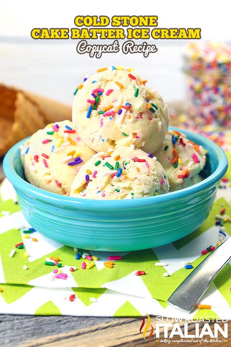 Cold Stone Cake Batter Ice Cream Copycat is an easy recipe that is prepped in just 5 minutes. Made with 7 simple ingredients this ice cream is rich and creamy, it is soon to be your new favorite flavor with this make at home copycat recipe. Cake Batter Extract Recipes, Cold Stone Cakes, Stone Cake, Cake Batter Ice Cream, Cold Stone, Ice Cream Maker Recipes, Ice Cream Ingredients, Homemade Ice Cream Recipes, Pure Vanilla