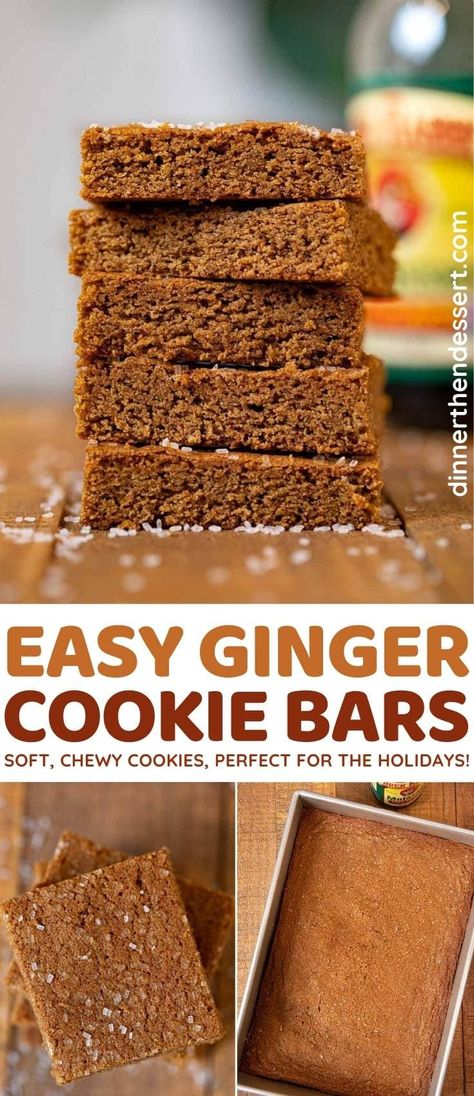 Gingerbread Cookie Bars Easy, Ginger Bars Recipes, Easy Holiday Baked Goods, Ginger Bread Cookie Bars, Ginger Molasses Cookie Bars, Pumpkin Gingerbread Bars, Ginger Molasses Bars, Molasses Bars Chewy, Ginger Snap Bars