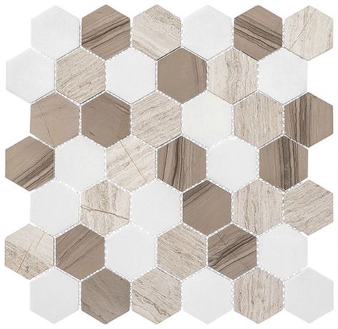 Colonial Series 2" Hex from Glazzio Tile. Love it? Visit our showroom to see it in person or visit our website to start your remodel today! https://buildersflooringanddesign.com/ Stone Mosaic Wall, Honeycomb Tile, Statement Tiles, Natural Stone Mosaic, Hexagon Mosaic Tile, Stone Mosaic Tile, Mosaic Floor, Modern French, Hexagonal Mosaic