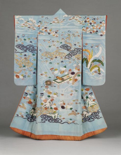 Furisode with Imagery Alluding to the Noh Play Kikujido Edo Period | Collections… Light Blue Kimono, Kimono Art, Furisode Kimono, Resist Dyeing, Embroidery Kimono, Japanese Traditional Clothing, Kimono Japan, Blue Kimono, Kimono Design