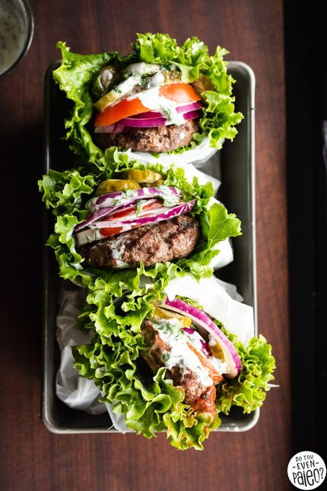 Bunless Sandwiches, Dill Mayo Sauce, Dill Mayo, Bunless Burgers, Lettuce Wrapped Burger, Wedding Fitness, Creative Burger, Bunless Burger, Mayo Sauce