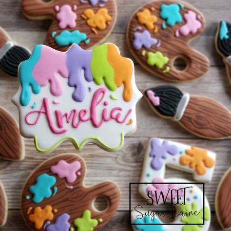 Paint Party Cookies Decorated, Art Party Cookies Decorated, Paint Party Cookies, Cookie Flooding, Art Cookies, Kids Cookies, Cupcakes Decorating, Cupcake Decorating Party, Cookie Birthday Party