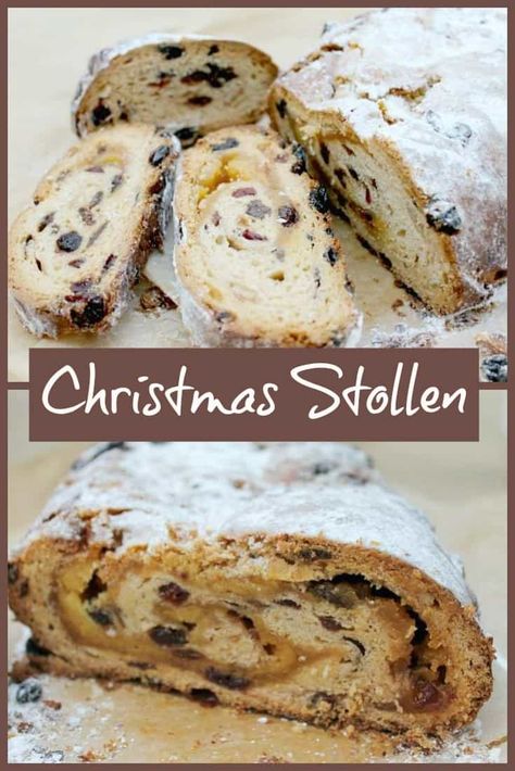 Stollen is a fruited yeasted bread with marzipan in the centre, traditionally enjoyed in Germany at Christmas that can often be bought at Christmas markets. Bread Machine Stollen Recipe, Christmas Stolen Recipes, Stollen Recipe Germany, Stolen Bread, German Christmas Stollen Recipe, German Christmas Bread, Christmas Stollen Recipe, Stollen Cake, Stollen Bread