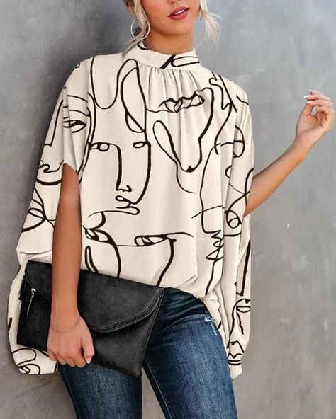 Casual Loose Women's Blouse Fashion Batwing Sleeve Print O neck Shirts Top 2022 Spring Summer Office Lady Blouses Elegant Tops| | - AliExpress Blouse Zara, Batwing Sleeve Blouse, Elegant Blouses, Loose Outfit, Moda Vintage, Casual Tops For Women, Loose Blouse, Elegant Shirt, Style Office