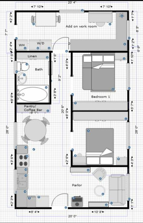 28'x20' 560 sq. ft. plus 8'x20' add on workroom 03/27/21 Cottage Floor Plan, Container Living, Apartment Floor Plans, Home Budget, Apartment Ideas, Floor Plan, House Plans, Floor Plans, New Homes