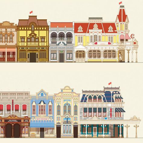 Toontown Disney, Disneyland Illustration, Disney Buildings, Disney Main Street, Main Street Disney, Street Drawing, Disneyland Map, Disneyland Main Street, Historic Colours