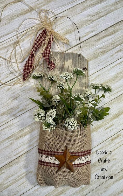 Burlap Sacks Ideas Diy, Primitive Wall Pockets, Flower Pockets, Burlap Crafts Diy, Paint Stick Crafts, Burlap Wall, Burlap Projects, Antique Cupboard, Barn Wood Crafts