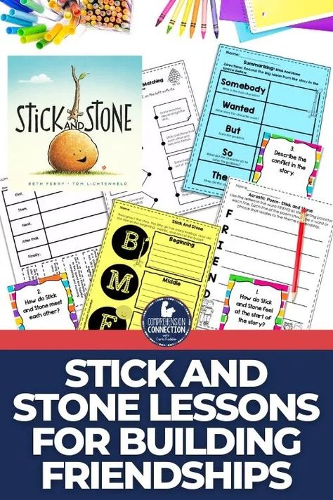 Have kids struggling with getting along? There are times in the year where kids just can't help it. Well, I have the perfect book for you! Stick and Stone by Beth Ferry is just what you need. In this post, I share with you lesson ideas that will help your kids learn to communicate and how to be friends. Stick And Stone Book Activities, Building Friendships, Post Reading Activities, Friendship Theme, Friendship Activities, Unlikely Friends, Writing Assignments, Mentor Texts, Sticks And Stones