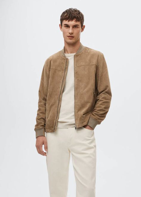 Suede bomber jacket - Men | Mango Man USA Chinos Men Outfit, Suede Jacket Outfit, Suede Jacket Men, Korean Street Fashion Men, Men Suede, Aviator Jackets, Smart Casual Outfit, Stylish Mens Outfits, Mango Man