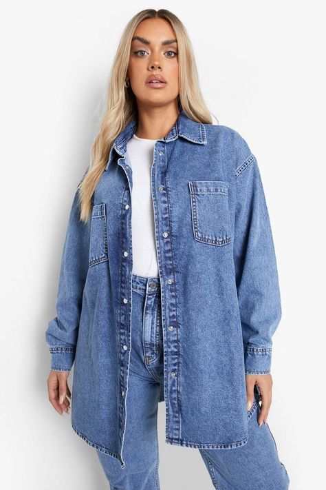 Demin Shirt Outfit, Oversized Denim Shirt Outfit, Denim Shirt Outfit, Plus Size Peplum, Oversized Denim Shirt, Stylish Short Dresses, Trending Styles, Top Trending, Plus Size Top