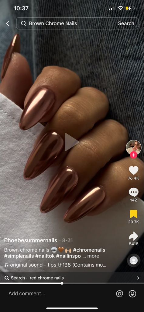 Copper Nails Acrylic Almond, Thanksgiving Brown Nails, Autumnal Chrome Nails, Gel Thanksgiving Nails, October Nails Inspiration, Fall Nails 2023 Brown, Metallic Navy Blue Nails, November Nails Fall Short Almond, Thanksgiving Nail Colors Fall