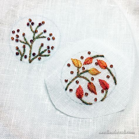 Embroidery Necklace Designs, Embroidery Jewelry Patterns, Miniature Embroidery Patterns Free, Embroidery Mini Flowers, Mini Embroidery Patterns, Autumn Embroidery Patterns, Tiny Leaf Embroidery, Mini Flower Embroidery, Tiny Floral Embroidery