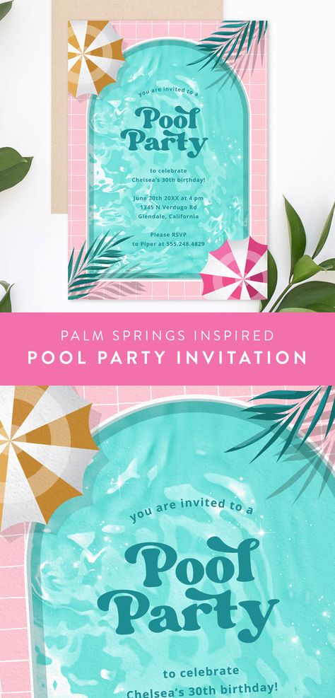 palm springs inspired pool party invitation for adults featuring pink pool tiles and arch-shaped swimming pool Party By The Pool, Palm Springs Pool Party, Pool Tropical, Palm Springs Pool, Pink Pool, Pool Umbrellas, Barbie Inspired, Pool Tiles, Pool Party Invitations