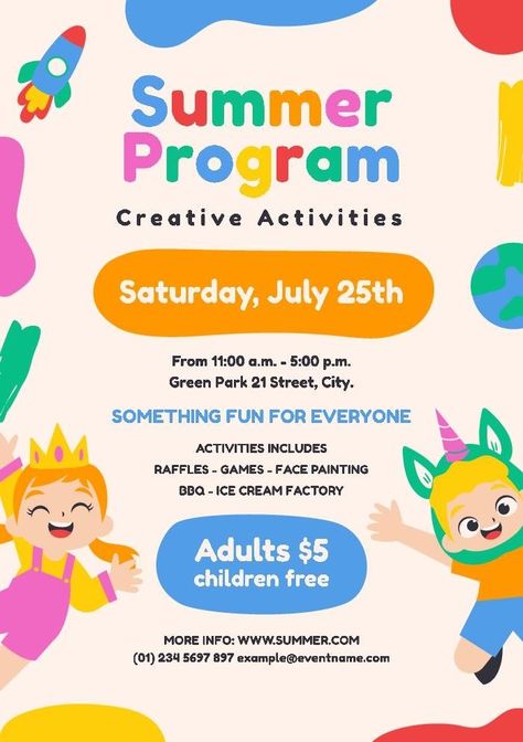 Colorful Cool Summer Program Flyer Children's Day Activities, Summer Courses, Summer Camps For Kids, Event Poster Design, Summer Program, Diy Crafts For Kids Easy, School Posters, Programming For Kids, Creative Teaching