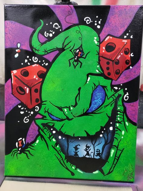 October Paintings Canvas Easy, Diy Wall Decor Drawing, Mr Oogie Boogie Drawing, Monster Painting Acrylic, Oogie Boogie Painting Ideas, Painting Ideas Horror Movies, Scary Movies Paintings, Painting Ideas On Cupboards, Horror Acrylic Painting Ideas