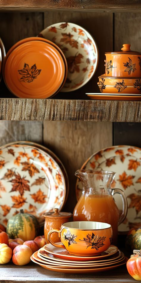 Cozy Fall Kitchen Decor: Rustic shelves with autumn leaf-patterned dishes, pumpkins, and warm tones create a perfect fall-inspired kitchen ambience. Apple Home Decor, Decor In Kitchen, Chic Fall Decor, Blouse Necklines, Fall Soup, Fall Kitchen Decor, Pretty Dishes, Thanksgiving Decorations Diy, Apple Home