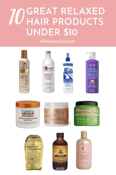 Trying to save some money? One way to have your budget stretch further is to use cheaper but still effective hair products on your relaxed hair. Here are 10 that can all be found under $10 at certain retailers. Click this pin to see what these products are. Good Hair Products, Relaxed Hair Regimen, Relaxed Hair Growth, Relax Hair, Relaxed Hair Journey, Relaxed Hairstyles, Healthy Relaxed Hair, Relaxed Hair Care, Healthy Hair Routine