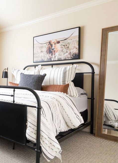 Spare Bedroom Ideas Full Bed, Modern Western Decor Master Bedrooms, Simple Boho Master Bed, Rustic Charm Bedroom, Small Guest Room Ideas Farmhouse, Modern Cowboy Bedroom, Western Master Room Bedroom Ideas, Majestic Bedroom, Guest Bedroom Bedding Ideas