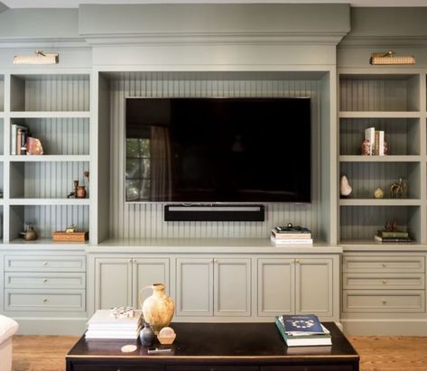 Tv Wall Built In Ideas Bedroom, Console Built In, Tv Wall Built In Shelves, Tv Built Ins Entertainment Center, Built Ins On Wall With Door, Classic Media Wall Design, Built In With Cabinets And Shelves, Built In Bookshelf Entertainment Center, Built Ins Around Tv Living Room