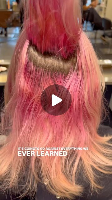 Hairstylist Educator | Salon Business on Instagram: "This tint back is the perfect example of how the color wheel can help us save time on bigger color changes. #sponsored So I partnered with @cosmoprofbeauty to break down the steps. 

1. By depositing #shinefinity ash matte & violet over the pink & peach, the goal is to create an even palette.

2. We achieved a mauve purple tone, which means reaching for the opposite end of the color wheel. 

3. Purple can be deceiving & the most common color to grab would be orange, BUT wait! There is a red/purple & a blue/purple. 

4. Rather than filling the purple, make it part of your formula. So 4/0 was my natural tone, with mauve as existing, and green as my built in filler.

5. Another trick is to look at your existing tone, find the center tone, a Red Pink Blonde Hair, Ash Pink Hair Color, Two Tone Pink Hair, Pink Peach Hair, Red Pink Hair, Pink Blonde Hair, Purple Tone, Violet Hair, The Color Wheel