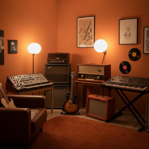 In House Music Studio, Music Room Apartment, Music Reading Room, Mid Century Music Studio, Music Space In Living Room, Music Jam Room, Tiny Music Room, Living Room Music Corner, Guitar Practice Room