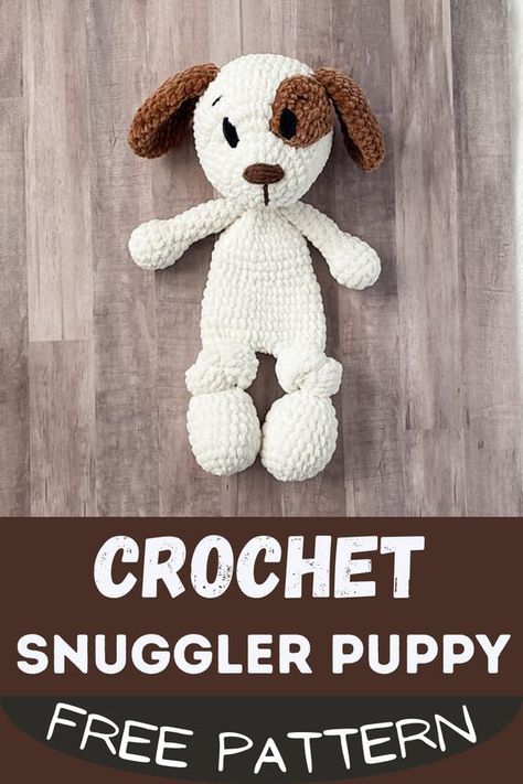 Combine love for crochet and cuddliness with this Puppy Snuggler pattern. This crohet creation is a half blanket and half-stuffed toy. It's irresistible with its eye patch and floppy ears, perfect for enchanting kids and adults alike! Made with Bernat blanket yarn, it is 16 inches tall and lightweight, and it's perfect for cuddles and snuggles. Plus, it's an easy crochet pattern that even beginners can complete with ease. Free Crochet Cuddler Pattern, Puppy Snuggler Crochet, Highland Cow Lovey Pattern, Crochet Lovey Animals Free Patterns, Amigurumi Snuggle Pattern, Beginner Crochet Stuffed Animals Free Patterns, Crochet Snuggle Animals, Animal Snuggler Crochet Pattern, Crochet Floppy Animals