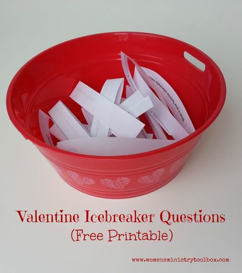 These Valentine Icebreaker Questions are perfect for: Women’s Ministry Team Meeting Women’s Ministry Fellowship Bible Study Group Small Group College Group Valentine Breakfast Sweetheart Banquet Valentine Party Print and cut them out (click the link below for the free PDF) and place them in a bag or bowl. Valentine Icebreaker Questions Have each participant to … Youth Group Valentines, Church Valentines Party, Valentine Breakfast, Women Small Group, Fellowship Ideas, Church Valentines, Womens Ministry Events, Meeting Women, Icebreaker Questions