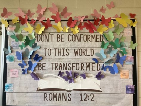 Spring Bulletin Boards Christian, 1st Grade Christian Classroom, Bulletin Board Bible Verse, Christian Bulletin Boards For Spring, Christian Middle School Classroom, April Christian Bulletin Boards, Faith Based Bulletin Boards, Bible School Classroom Decor Ideas, Faith Formation Bulletin Boards