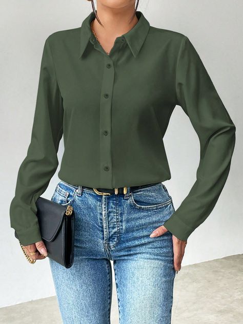 Olive Green Casual Collar Long Sleeve Fabric Plain Shirt Embellished Non-Stretch  Women Clothing Olive Green Shirt Outfit, Green Shirt Outfits, Homecoming 2024, Olive Green Shirt, Light Denim Jacket, Light Denim Jeans, Lantern Sleeved Blouses, Plain Shirt, Vert Olive