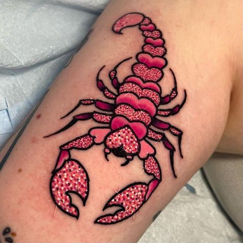 ShayTattoos LLC | 💕🦂Land Lobster for Sara 🦂💕 • • • #glittertattoo #sparklytattoo #y2k #glitter #girlytattoo #rainbowtattoo #neotraditional #neotrad… | Instagram Pink Scorpion Tattoo, Heart Scorpion, Colorful Tattoo Designs, Glitter Tattoo Ideas, Tattoo Colourful, Neotraditional Tattoo Design, Designing Tattoos, Seek Discomfort, Colored Tattoos