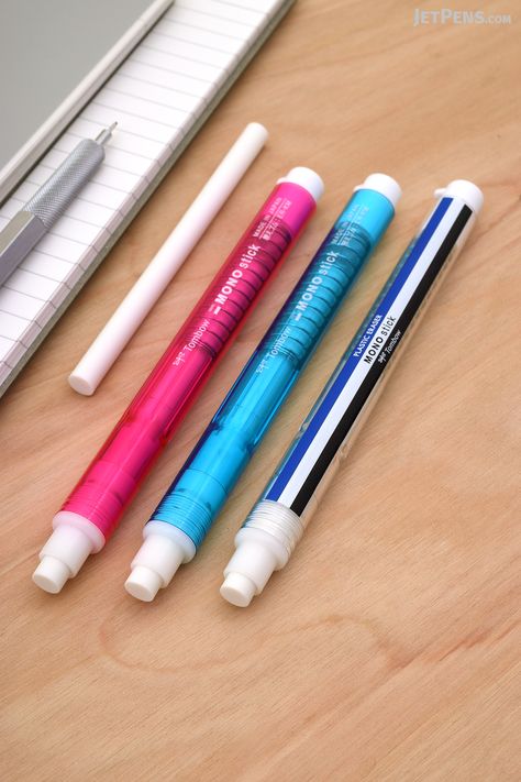 The refillable Tombow Mono Stick Eraser makes it easy to erase small areas. Stick Eraser, Bts Clothes, Studying Stationary, 2b Pencil, Frixion Pens, Cool School Supplies, Fine Writing Instruments, Art Supply Stores, New Pen