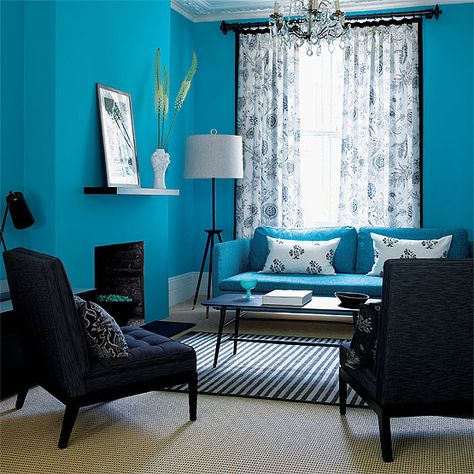 Teal Living Room Decor, Turquoise Furniture, Turquoise Room, Living Room Turquoise, Teal Living Rooms, Turquoise Walls, Interior Design Per La Casa, Black Furniture, Blue Living Room