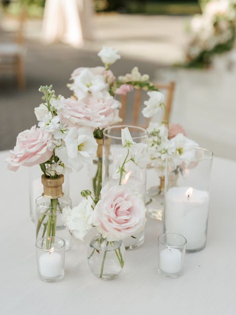 Wild Flower Bud Vase Centerpiece, Wedding Florals White And Blush, Cocktail Table Floral Arrangements, Bud Vases Rectangle Table Wedding, White And Neutral Wedding Flowers, Wedding Bud Vases And Candles, Bud Vase Centrepiece, Bud Vase Long Table, Bud Flower Arrangement