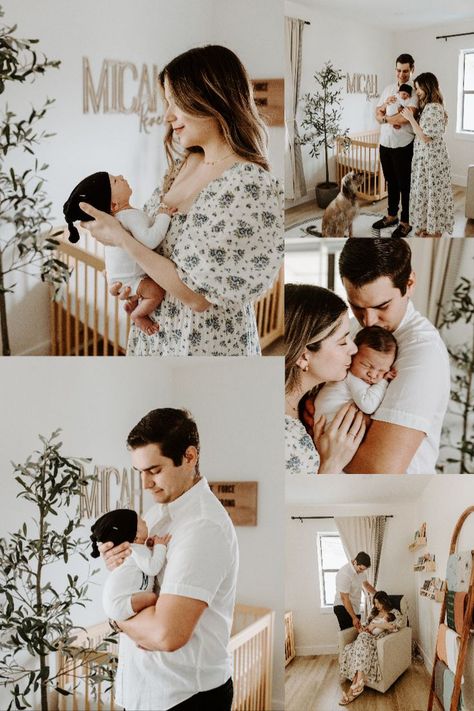 Photoshoot In Nursery, Family Pictures In Nursery, Newborn Family Nursery Photos, Newborn Pictures Mom Outfit, Family Nursery Photoshoot, Nursery Lifestyle Photography, Nursery Room Photoshoot, Newborn Photoshoot In Nursery, Newborn Family Photos Nursery